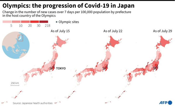 Maps showing the change in the number of new cases in the prefectures of Japan, host country of the Olympic Games