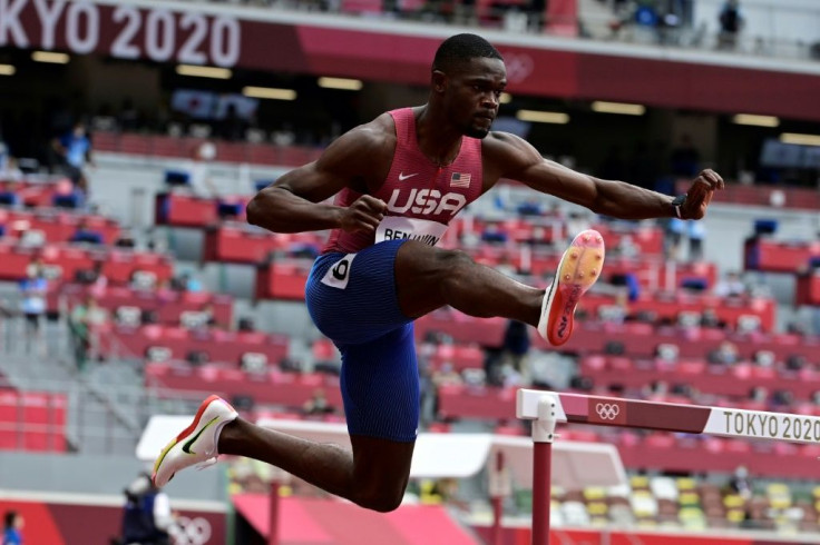 USA's Rai Benjamin competes in the men's 400m hurdles heats