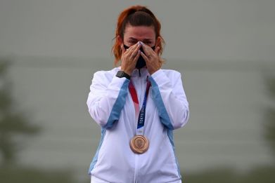 Alessandra Perilli cries on the podium after winning San Marino's first Olympic medal in its history
