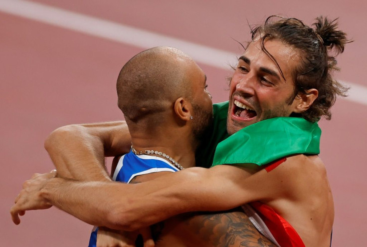 Lamont Marcell Jacobs celebrated his 100m title with fellow Italian Gianmarco Tamberi who shared the gold in the high jump