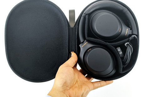 The foldable Sony WH-1000XM4 in its carrying case 