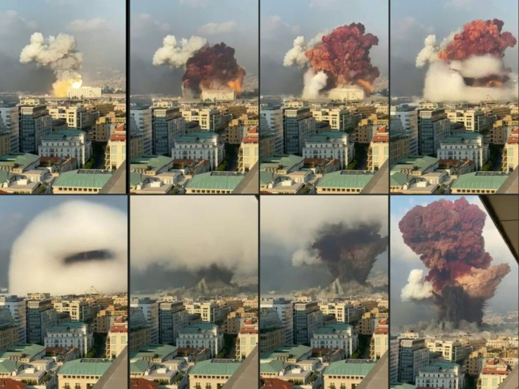 A fireball explodes while smoke is billowing during a chemical explosion at the port of the Lebanese capital Beirut on August 4, 2020