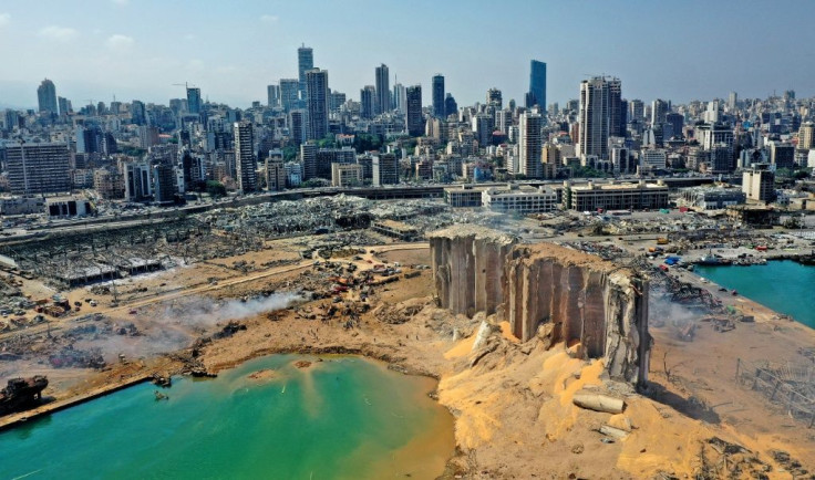 An aerial view shows the massive damage at Beirut port's grain silos and the area around it, one day after the massive explosion that hit the heart of the Lebanese capital