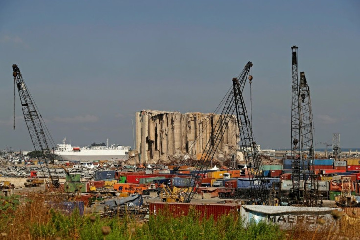 A general view shows the damaged grain silos at the port on August 4, 2021, as Lebanon marks a year since a cataclysmic explosion ravaged the capital Beirut