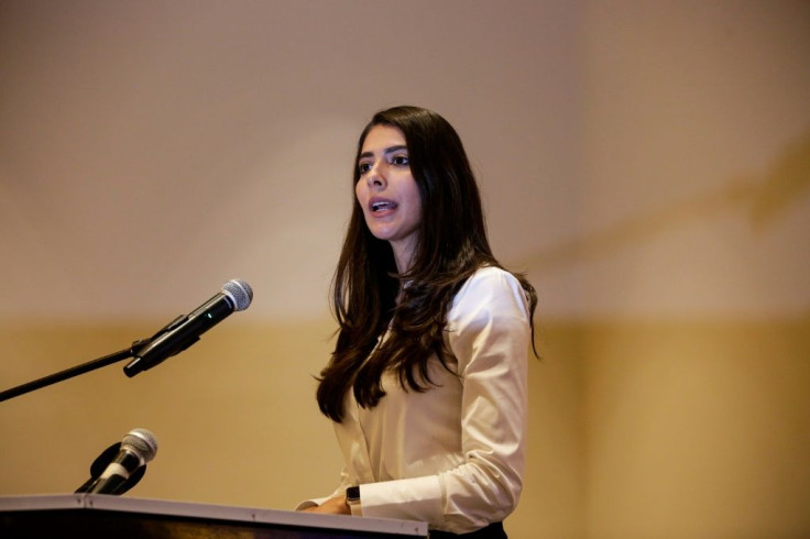 In this file photo taken on July 28, 2021 Berenice Quezada, Miss Nicaragua 2017 and vice-presidential candidate for the Alianza Ciudadana por la Libertad (ACXL) party, speaks during a rally with supporters in Managua