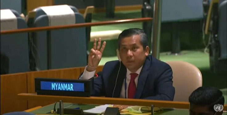 This screengrab of handout video made available on the United Nations' YouTube channel shows Myanmar's ambassador to the UN Kyaw Moe Tun making a three-finger salute as he addresses an informal meeting of the United Nations General Assembly on February 26