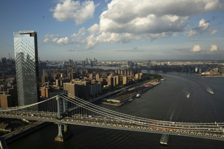 A aerial view of Manhattan Bridge is seen in New York City on August 5, 2021