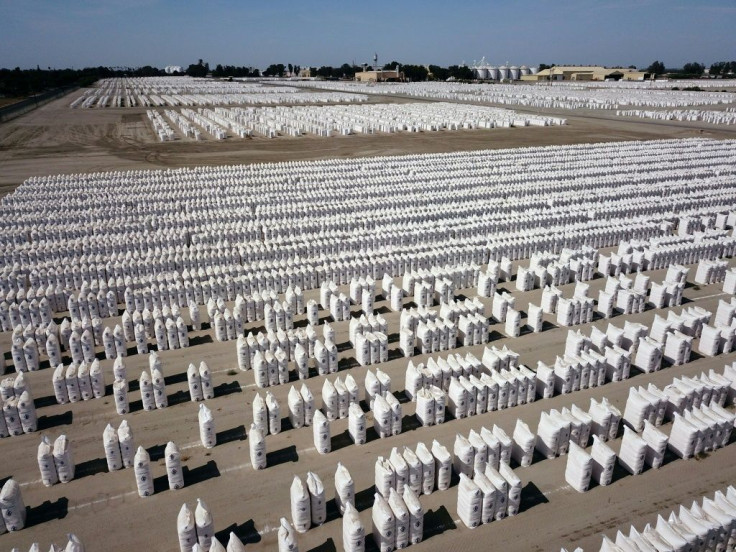 The Corcoran area is a major cotton producer; these thousands of bags of cotton belong to major US producer J.G. Boswell