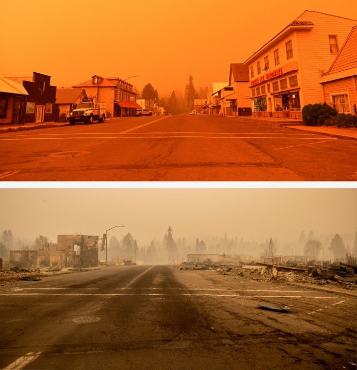 In this photo combination, a before and after series shows downtown Greenville, California before it burned on July 23, 2021 (above) and the day it burned (below) on August 4, 2021 during the Dixie fire