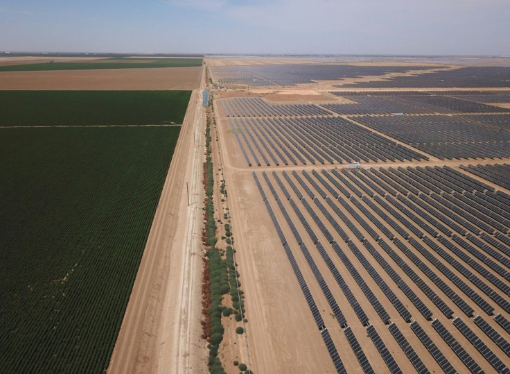 Endless rows of solar panels in what was once a farmfield in California's drought-stricken Central Valley