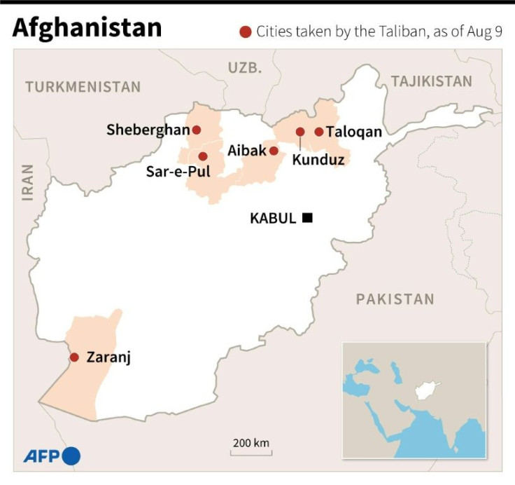 Map of Afghanistan locating Zaranj, Sheberghan, Kunduz, Sar-e-Pul, Taloqan and Aibak, cities that have fallen to the Taliban.