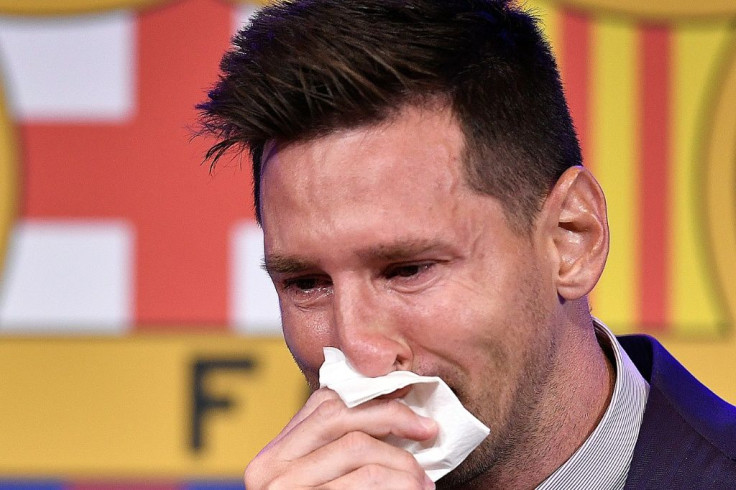 Lionel Messi cries at Sunday's Barcelona departure press conference