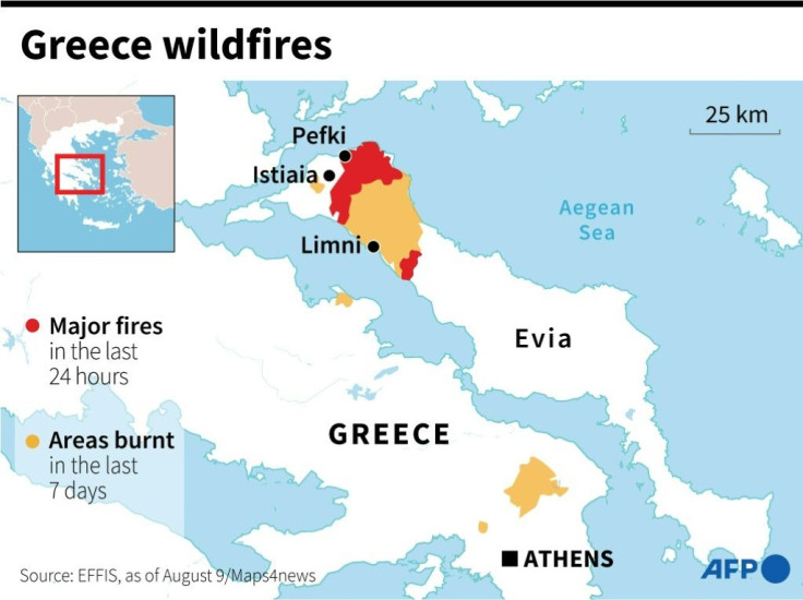 Map of Greece showing the major fires on the island of Evia.