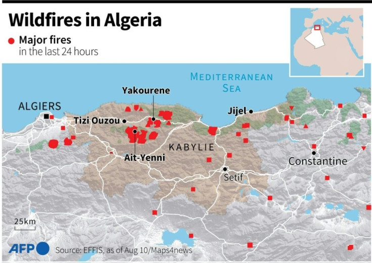 Map of northern Algeria locating major fires in the last 24 hours