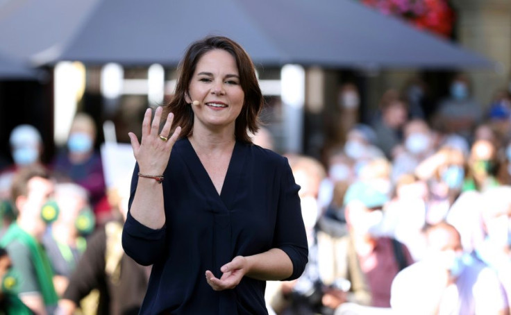 Green party candidate for chancellor Annalena Baerbock addresses a rally in Hildesheim, northern Germany