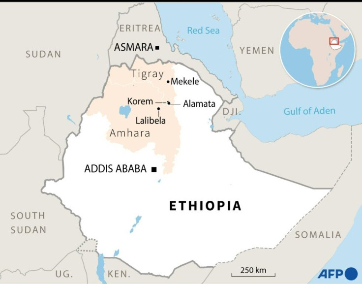 Map showing the Tigray and Amhara regions of Ethiopia and the town of Lalibela, a UNESCO world heritage site.