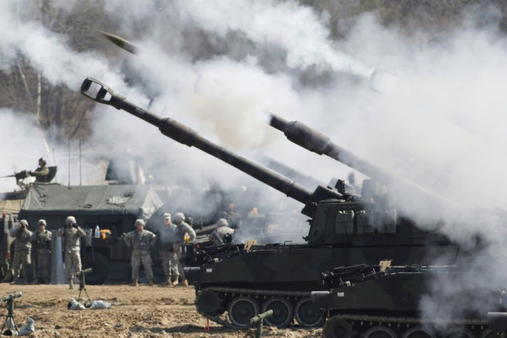 US Army M109A6 Paladin self-propelled howitzers take part in a live firing drill in Pocheon, south of the Demilitarized Zone that divides the two Koreas, in 2012