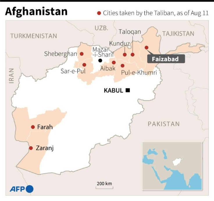 Map of Afghanistan locating the cities that have fallen to the Taliban.