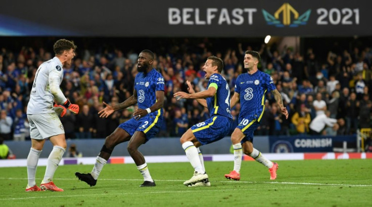 Super Sub: Kepa Arrizabalaga (left)saved two penalties as Chelsea won the UEFA Super Cup