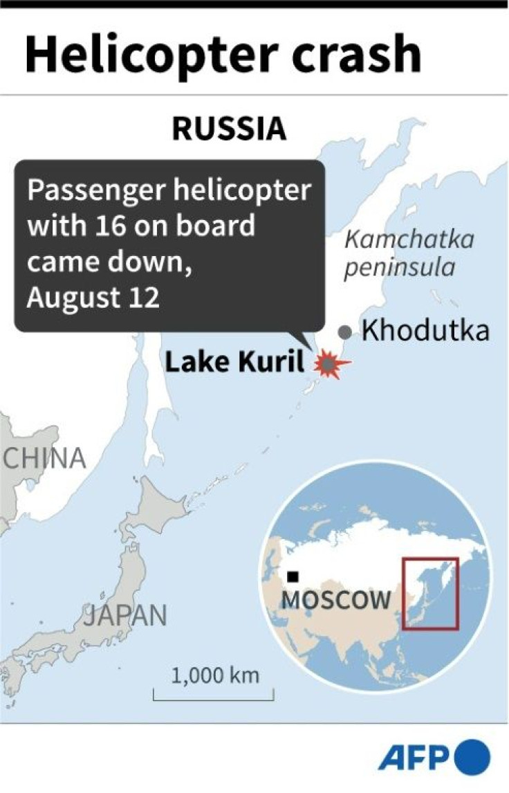 Map showing Russia's Kamchatka peninsula where a helicopter with 16 people on board crashed on August 12.