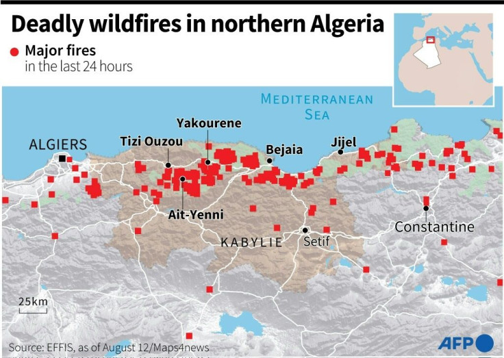 Map of northern Algeria locating major fires in the last 24 hours