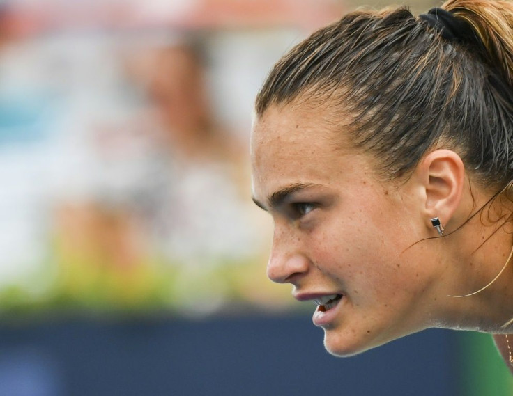 Aryna Sabalenka of Belarus concentrates in her third-round victory over Rebecca Marino in the WTA hardcourt tournament in Montreal