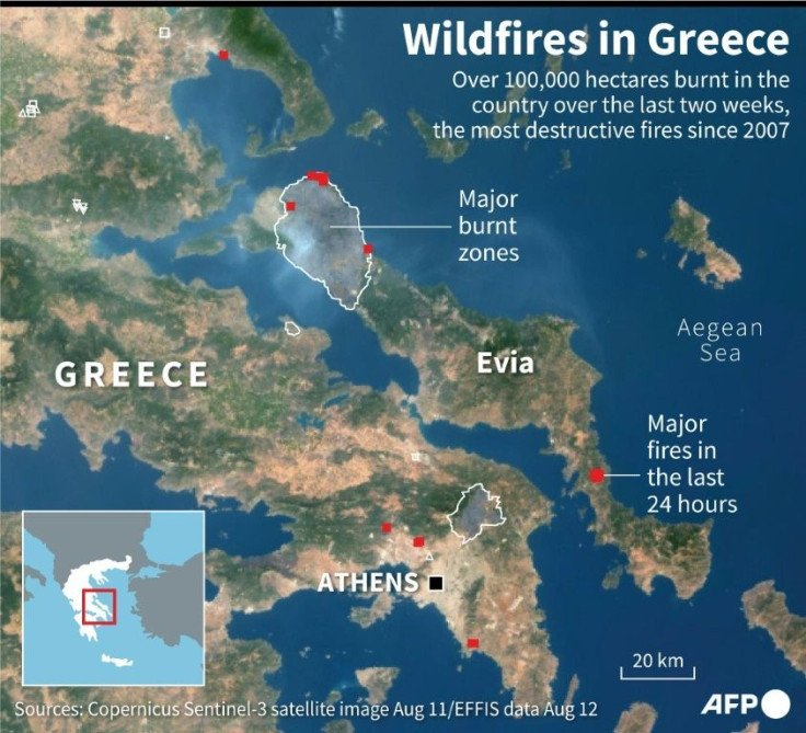 Satellite image showing major fires in the last 24 hours and burnt zones in Greece, as of August 12