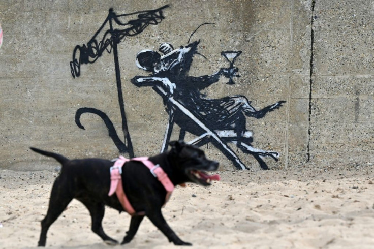 Banksy's trademark rat reclines in style on a British seaside beach
