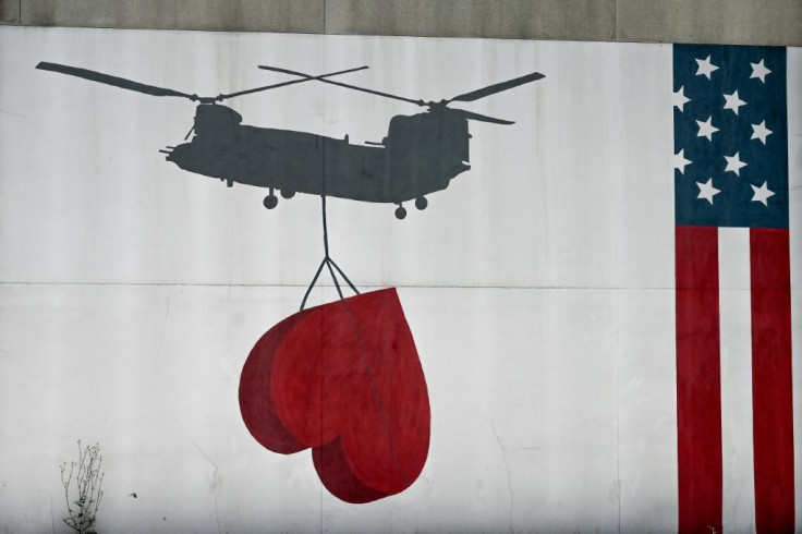 A wall mural painted on the wall of US embassy in Kabul on July 30, 2021, days before an evacuation