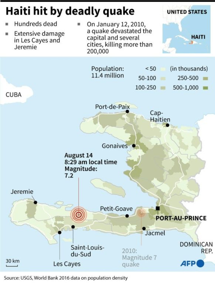 Map of Haiti locating the epicentre of a magnitude 7.2 quake on August 14, with data on population densities
