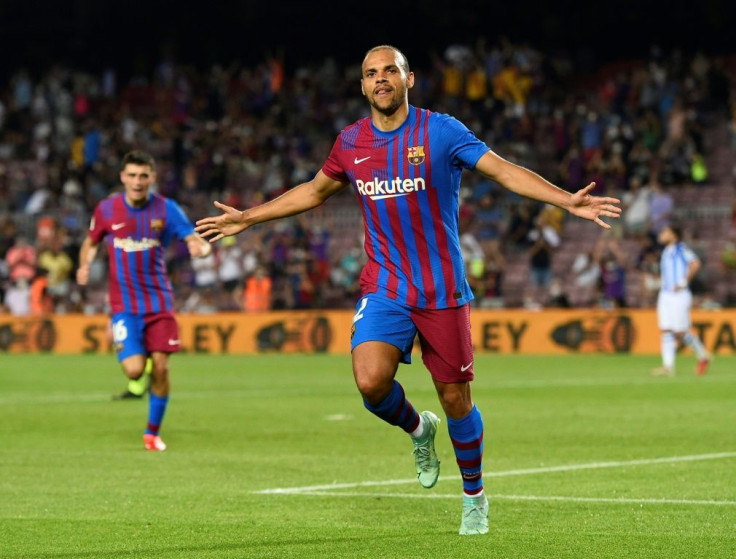 At the double: Barcelona's Danish forward Martin Braithwaite celebrates after scoring his second goal
