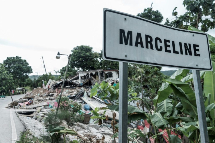 A sign for the Marceline district is viewed after the earthquake near Camp-Perrin, Haiti on August 16, 2021