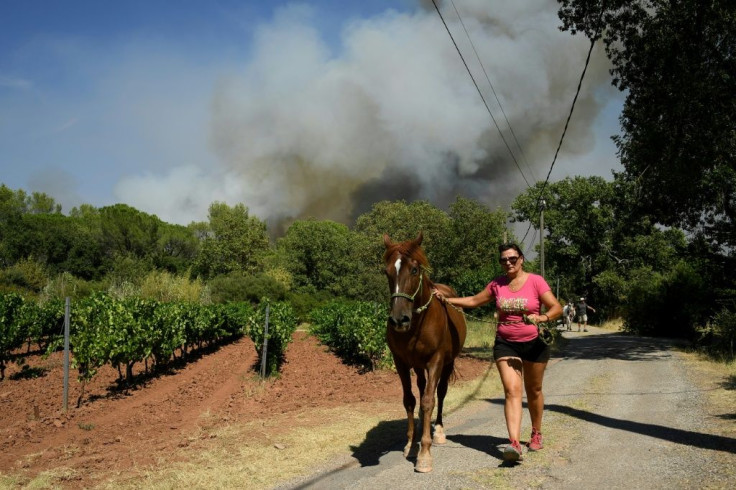 A woman evacuates a horse as smoke rises in the background in Gonfaron, southern France.