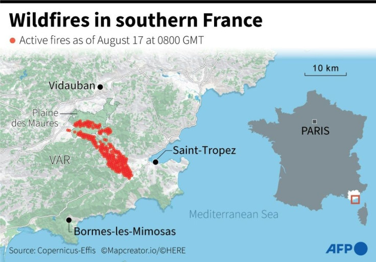 A map showing fires in southern France