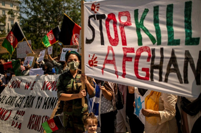 Afghans demonstrate in Athens against the Taliban takover of their country