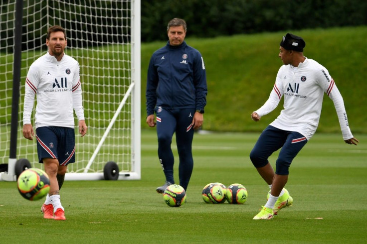 Lionel Messi and Kylian Mbappe at training with PSG on Thursday