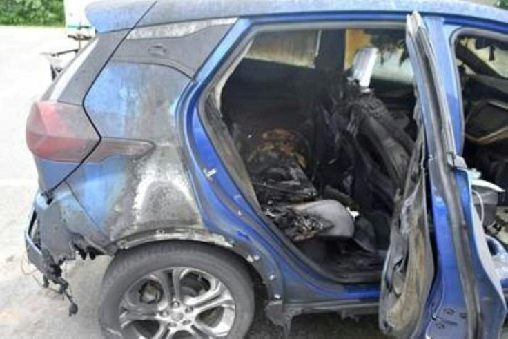 A Chevrolet Bolt that caught fire on July 1, 2021 in Thetford, Vermont is pictured in a photo released by the Vermont State Police