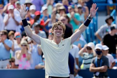 Russia's Andrey Rublev celebrates after beating top-seeded compatriot Daniil Medvedev in the semi-finals of the ATP Cincinnati Masters