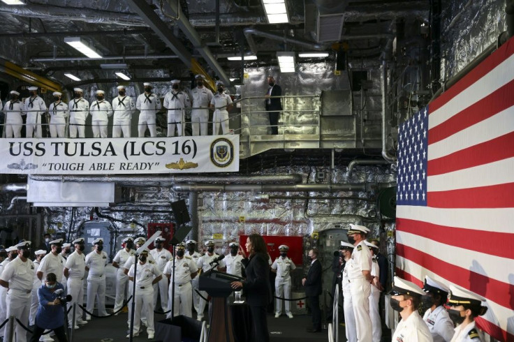 US Vice President Kamala Harris speaks to troops as she visits the USS Tulsa in Singapore