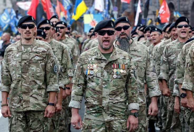 More than 5,000 Ukrainian forces, including veterans, marched in the independence day parade through Kiev