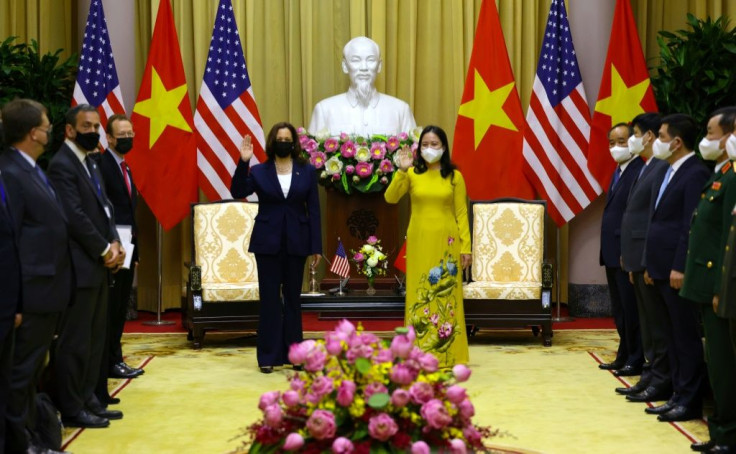 US Vice President Kamala Harris and Vietnam's Vice President Vo Thi Anh Xuan meet in the Gold Room of the Presidential Palace in Hanoi