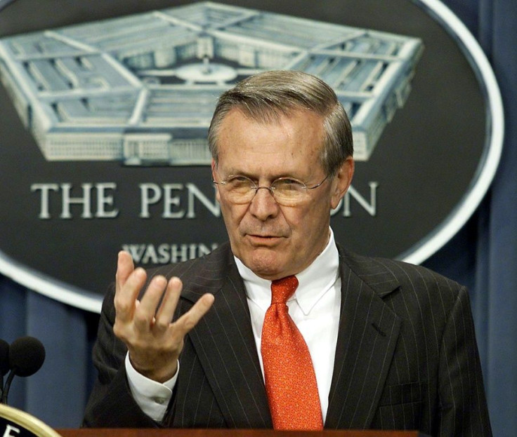Then-US defense secretary Donald Rumsfeld speaks to reporters at the Pentagon in Washington in April 2002, only months after the United States had invaded Afghanistan in the opening salvos of the "war on terror"