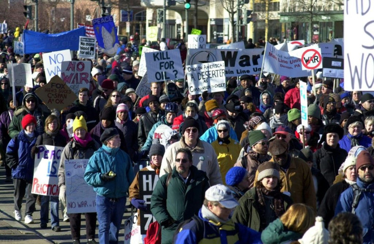 Anti-war protesters march through the streets of Washington in January 2003, weeks before US forces invaded Iraq as part of the "war on terror"