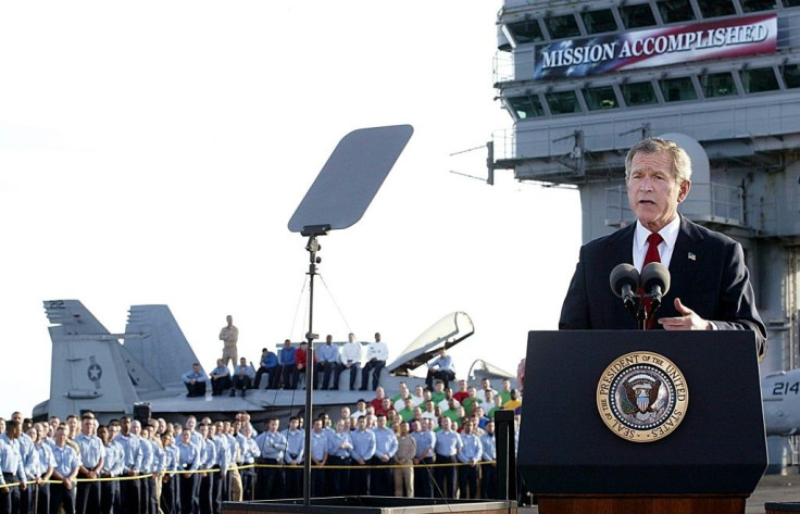 US President George W. Bush addresses the nation aboard the nuclear aircraft carrier USS Abraham Lincoln in May 2003, declaring a "mission accomplished" in Iraq, despite many years of fighting that followed