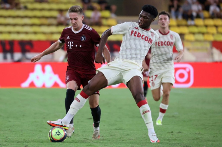 Aurelien Tchouameni (R) in action for Monaco against Sparta Prague recently