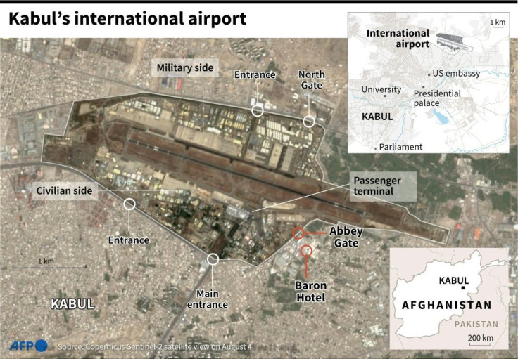 Map showing the location of Kabul's international airport with its entry points, and where explosions were recorded on Thursday.