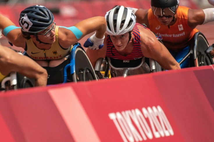 US wheelchair racer Tatyana McFadden competes in the women's T54 5,000m at the Tokyo Paralympics on Saturday