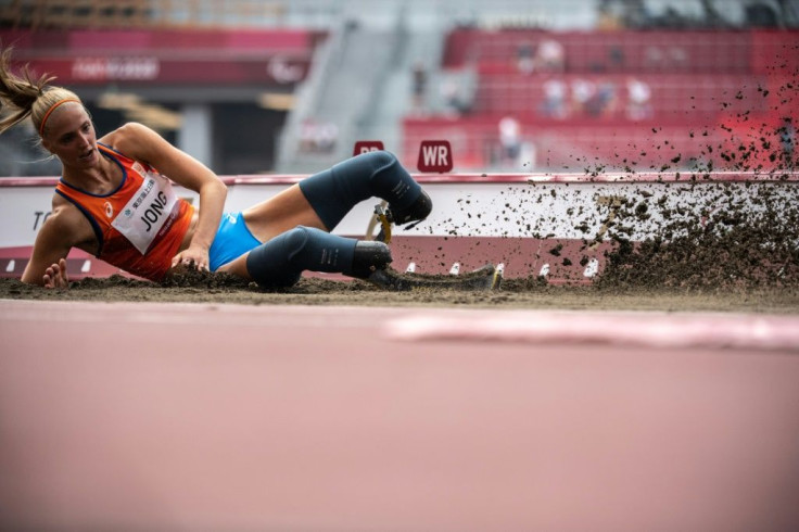 Netherlands' Fleur Jong competes in the women's long jump - T64 finals