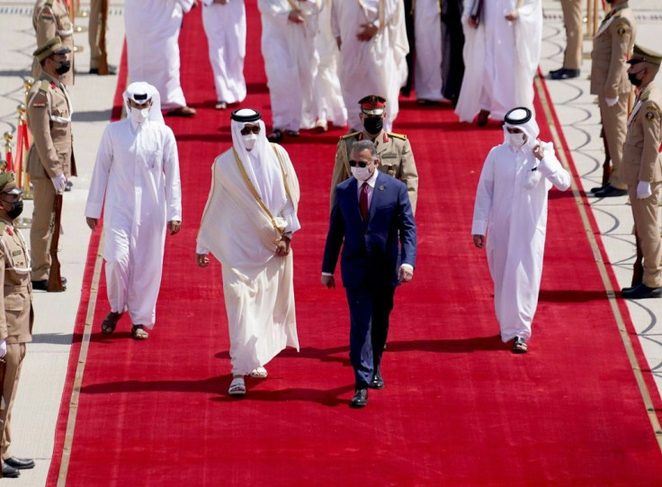 Iraqi Prime Minister Mustafa al-Kadhemi also received Qatar's Emir Sheikh Tamim bin Hamad Al-Thani, as seen in this photograh from Iraq's Prime Minister's Media Office