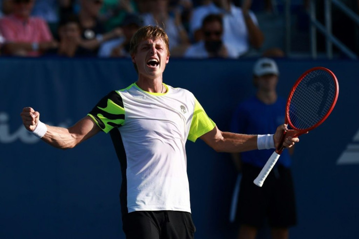 Ilya Ivashka of Belarus celebrates after crushing Sweden's Mikael Ymer 6-0, 6-2 in the final of the Winston-Salem Open at Wake Forest University in North Carolina